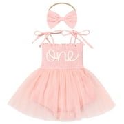 IDOPIP Baby Girls 1st Birthday Outfit Spaghetti Straps Romper Dress with Headband Cake Smash Outfit